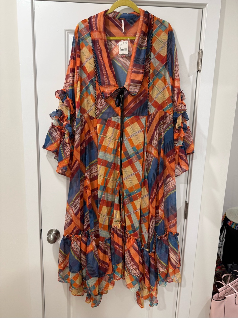 Colorful Plaid Maxi Cardigan with Ruffle Hem by Free People